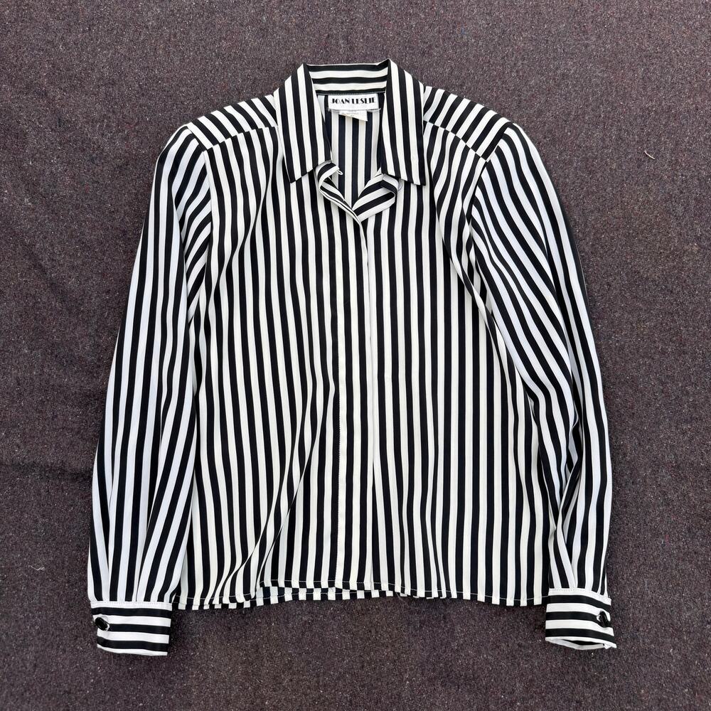 Women's Vintage 80's Joan Leslie Black White Striped Blouse Shirt Sz 4P Small